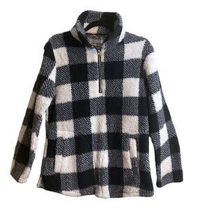 Victory Outfitters Size M 1/4 Zip Black White Buffalo Plaid Fleece Pullover Top